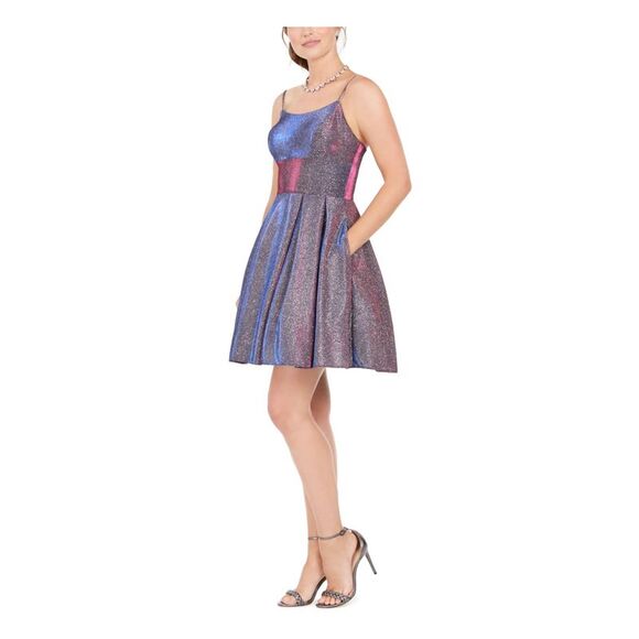 BETSY & ADAM Womens Silver Spaghetti Strap Mini Party Fit + Flare Dress 4 - Picture 3 of 4